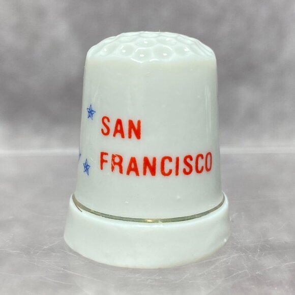 Vintage San Francisco Souvenir Thimble With Blue Ship and Red Text Porcelain - Picture 2 of 7